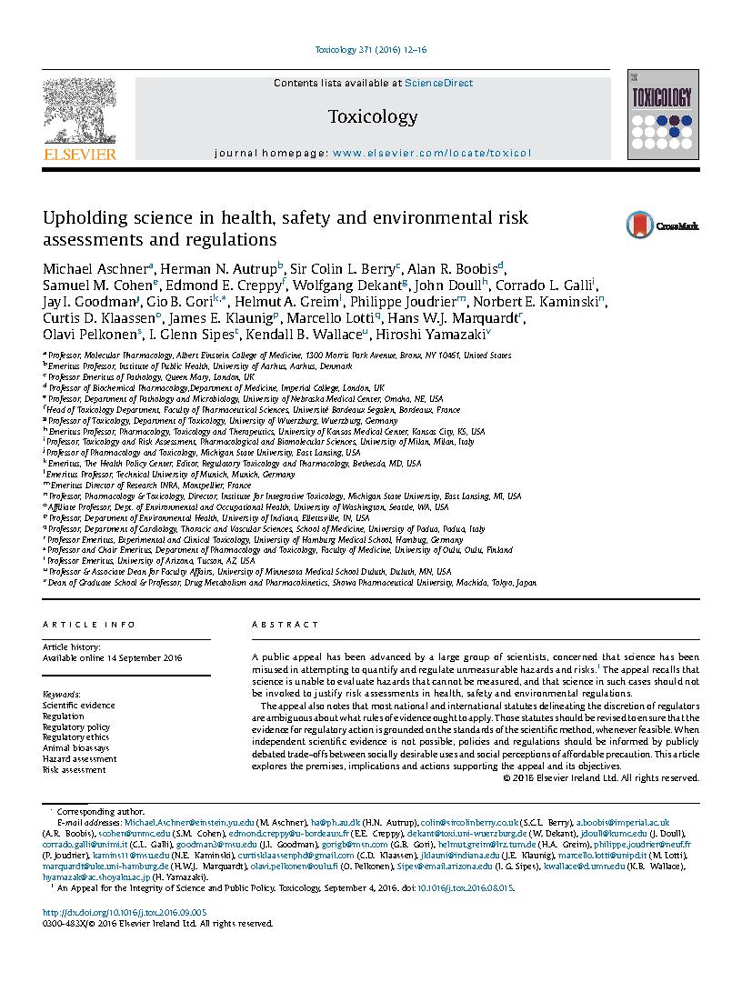 Upholding science in health, safety and environmental risk assessments and regulations