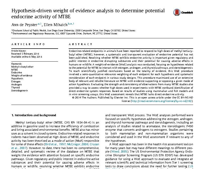 Hypothesis-driven WoE analysis to determine potential endocrine activity of MTBE